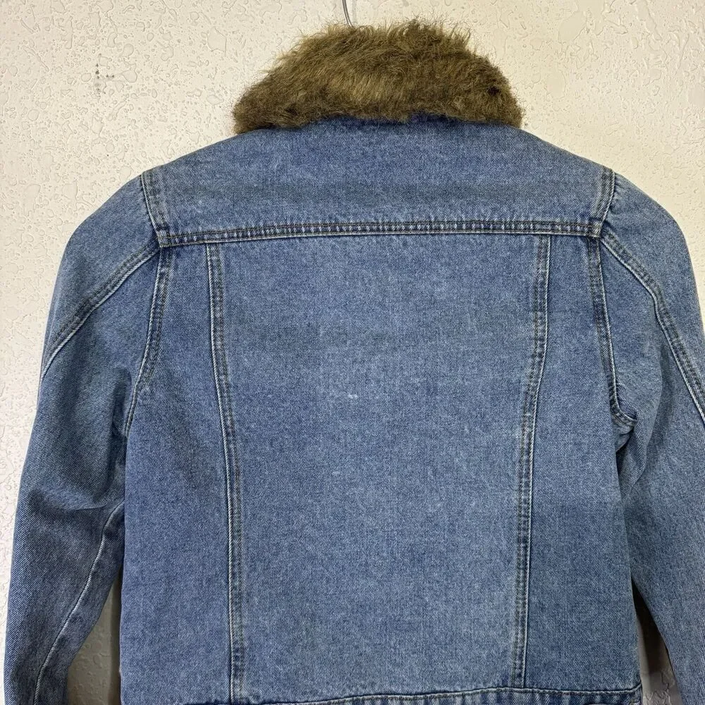 One Tuff Babe Denim Jacket Faux Fur Trim Blue Woman Size L Button Close‎ - Picture 9 of 11
